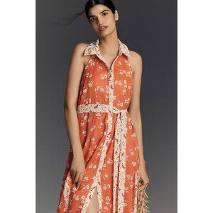 Maeve Halter Open-Back Godet Midi Shirt Dress M